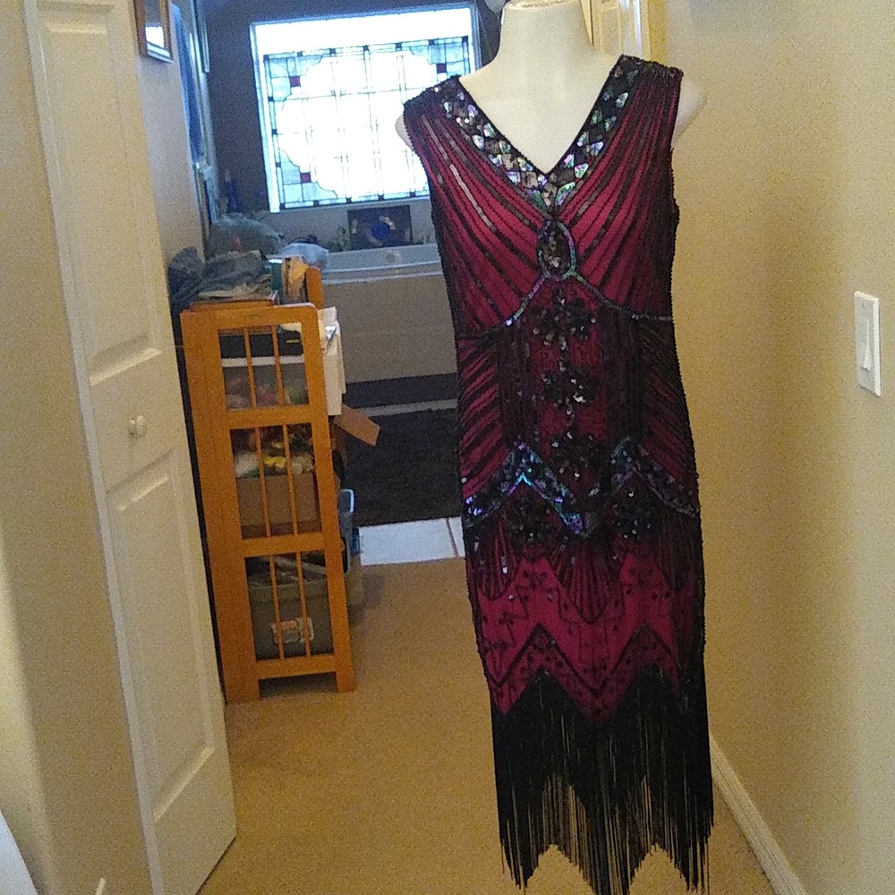 Pink & black sequin & fringed flapper style dress size medium